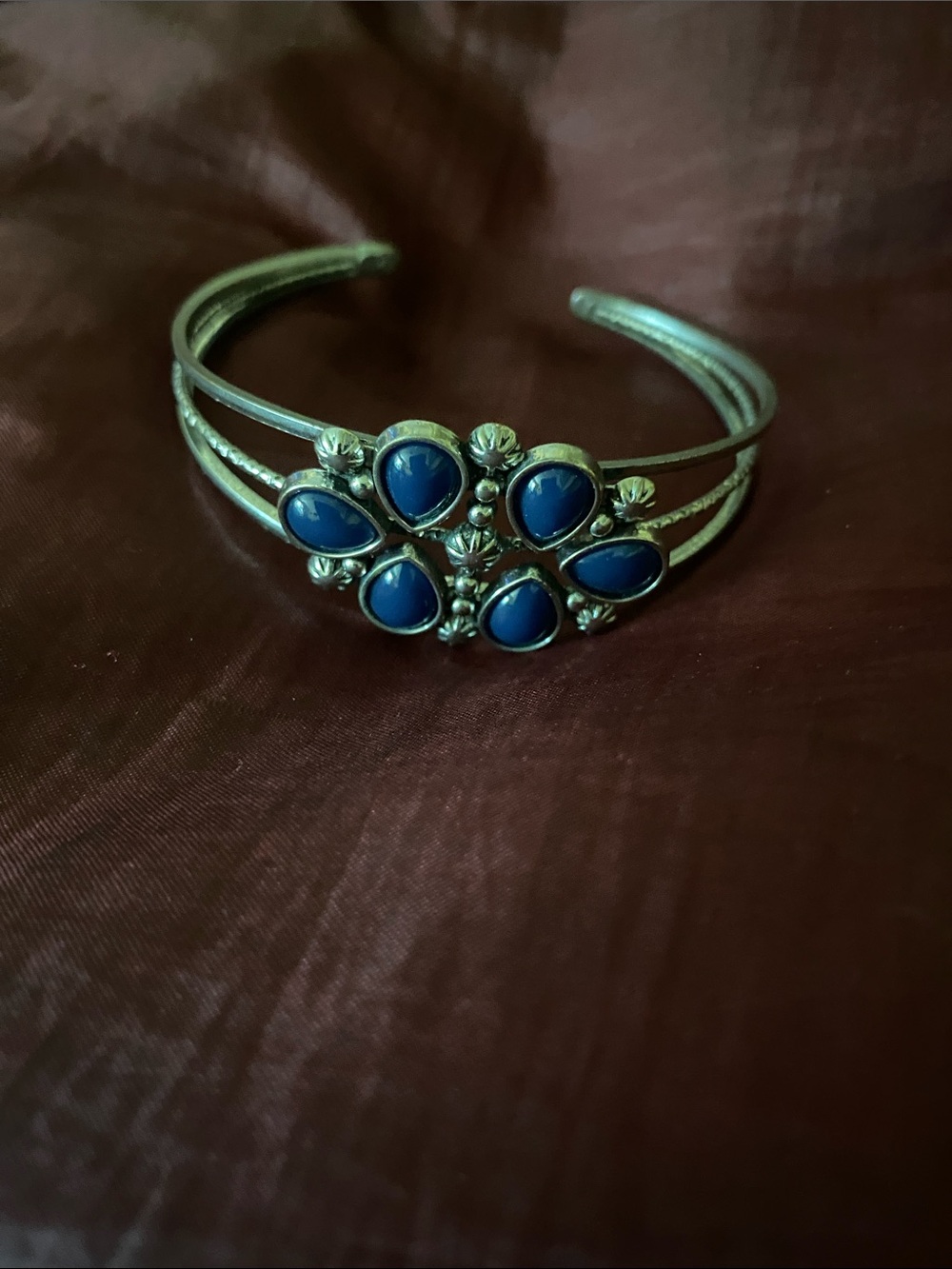 Silver-Tone Blue Stone Floral Cuff Bracelet - Women Jewelry